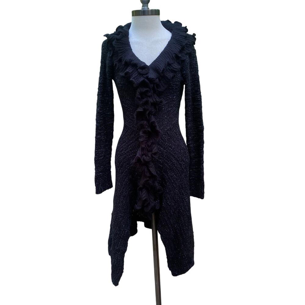 Vintage Sioni Whimsygoth Black Asymmetrical Ruffled Popcorn Knit Cardigan M